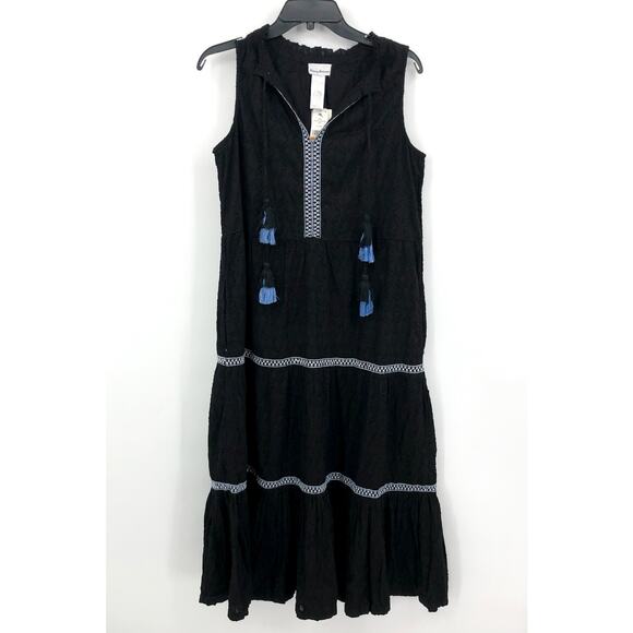 TOMMY BAHAMA Cover-Up Dress Small Black Cotton Clip Embellished Split-Neck NWT - Picture 3 of 8